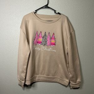 SHEIN Merry Christmas Graphic Sweatshirt XL Beige Holiday Trees Pullover